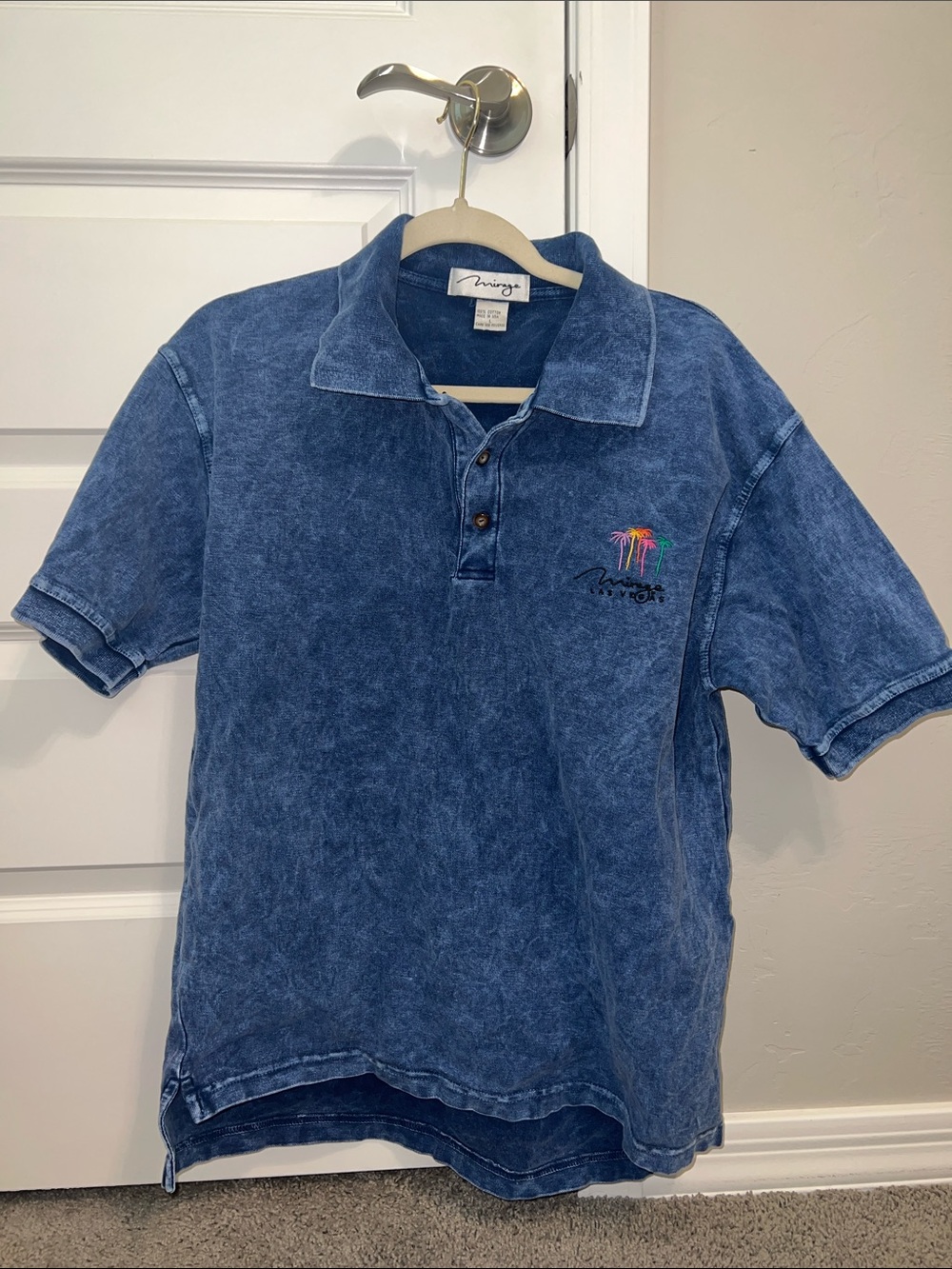 VINTAGE 90s Denim Blue Polo Shirt Mirage Las Vegas with Palm Embroidery